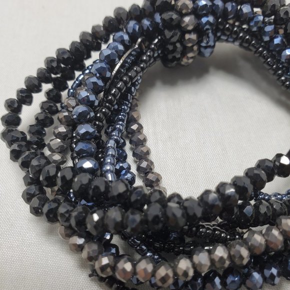 Ali Khan multi 12-strand black/hematite crystal glass stretch bracelet: - Picture 3 of 5